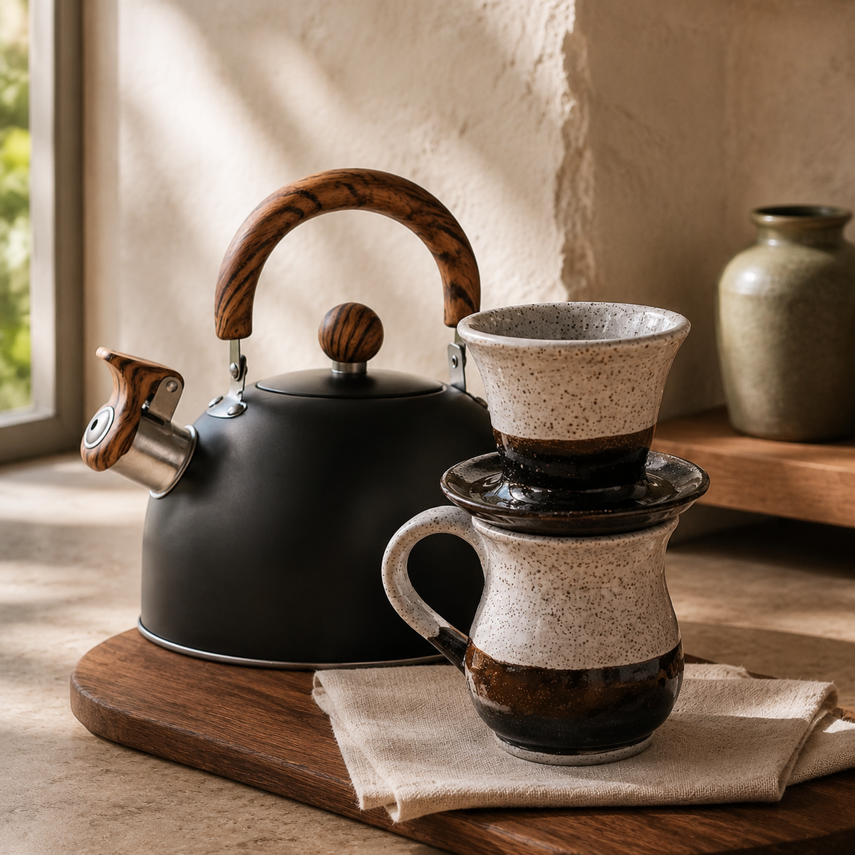 Ceramic pour-over coffee set and kettle in a warm kitchen