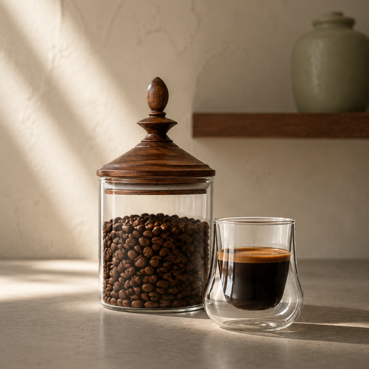 Glass coffee bean canister with walnut lid and double-wall espresso glass