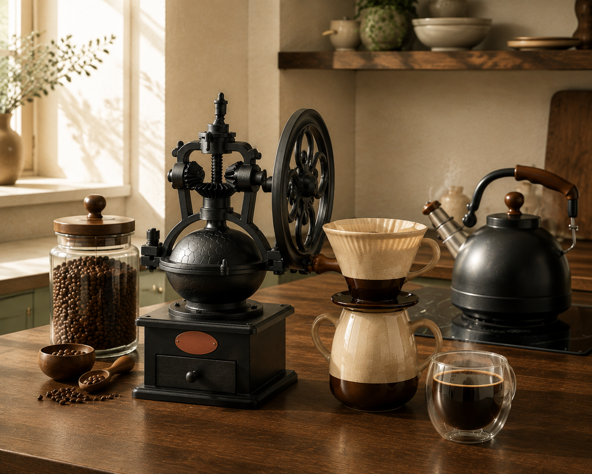 Premium manual coffee tools in a warm kitchen