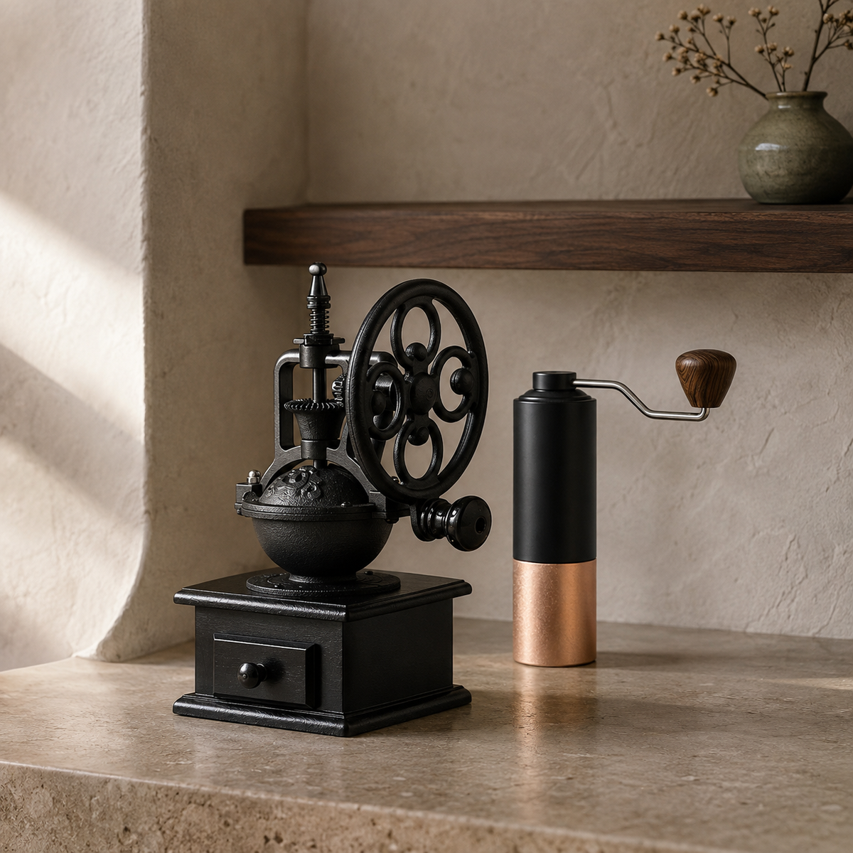 Vintage cast iron manual coffee grinder with wood drawer