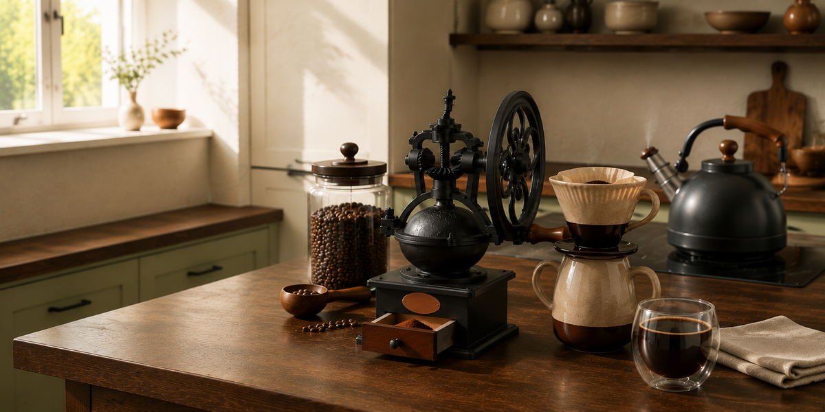 Manual coffee grinders and brewing tools displayed in a modern home kitchen